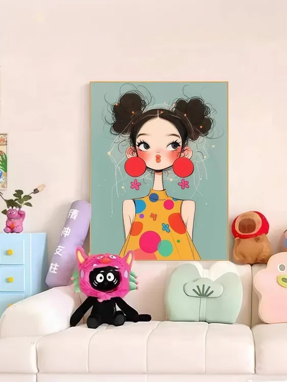 卧室床头装饰画多巴胺可爱女孩装饰画现代简约儿童房卡通房间挂画