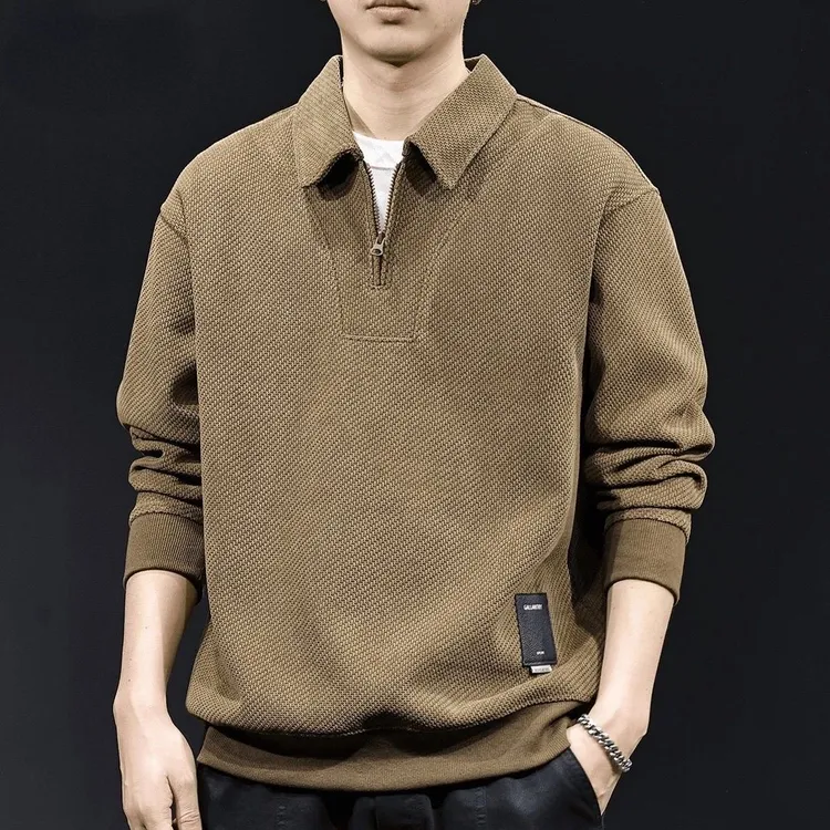 2025秋季新款潮流欧棉绒针织半拉链翻领卫衣男宽松大码休闲上衣潮