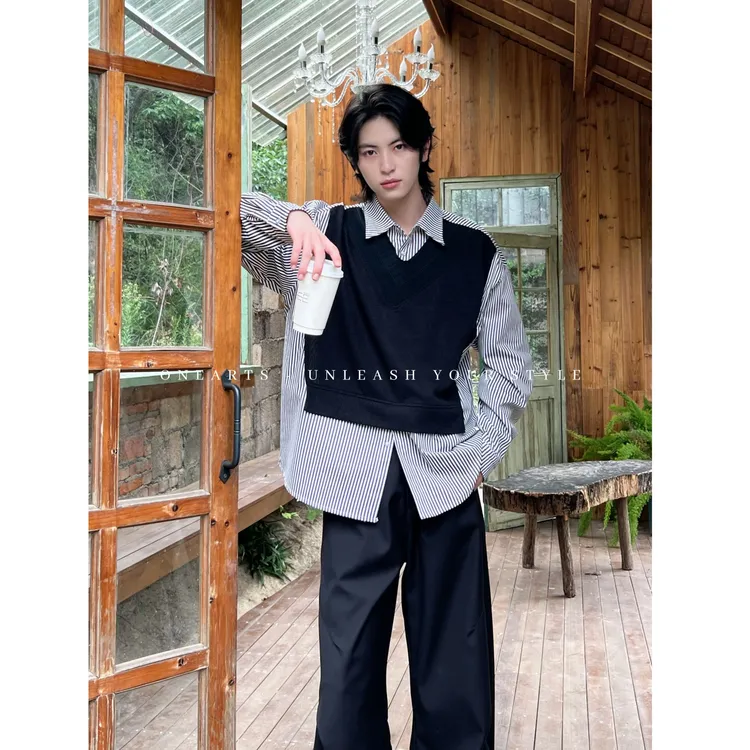 【ONEARTS衬衫】假两件针织拼接长袖衬衫男设计感痞帅百搭条纹衬衣