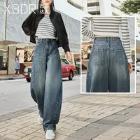 2025秋季新款美式高街裤腿两侧拼接高腰牛仔裤女阔腿垂坠感弯刀裤