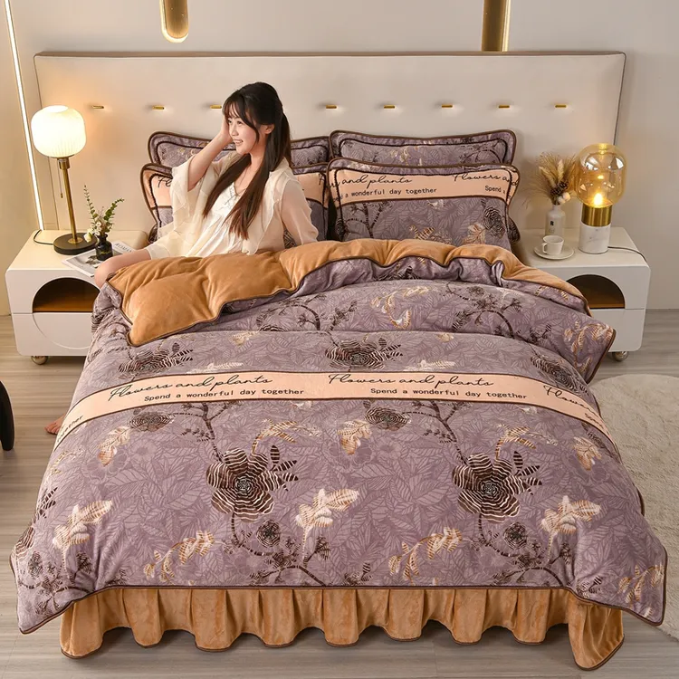 加密加厚冬季保暖牛奶绒四件套双面绒印花床裙款牛奶绒床品四件套