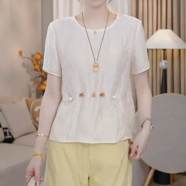 法式别致串钻褶皱圆领小衫女新款轻薄透气减龄宽松慵懒百搭上衣夏