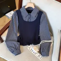 polo领假两件温柔风格子衬衫女2025新款早秋长袖打底衫T恤上衣