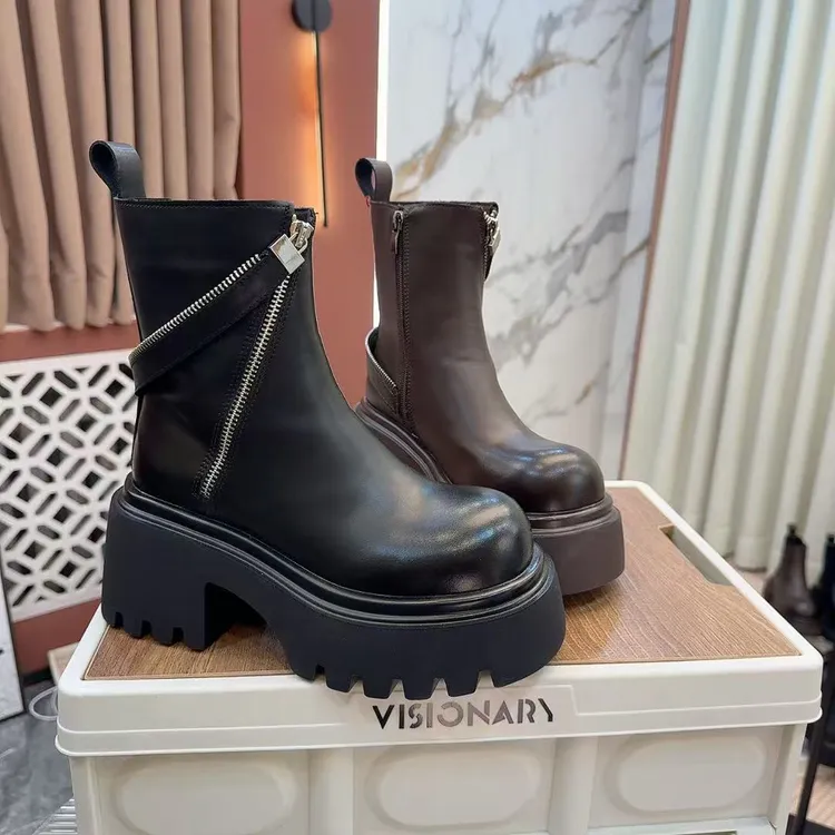 欧货真皮斜拉链短靴厚底松糕小个子8cm烟筒靴切尔西马丁靴2816-9