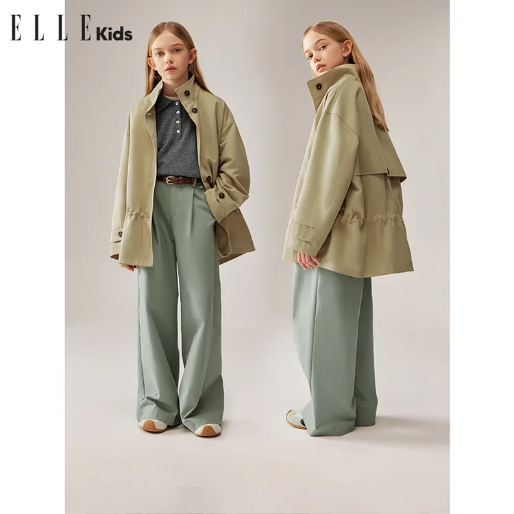 ELLE KIDS童装 立领造型低腰抽绳中长百搭风衣外套时尚休闲秋季Q1