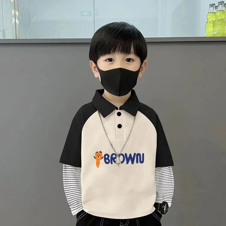 儿童T恤纯棉宽松春秋款洋气POLO衫长袖字母拼接色童装翻领打底衫T