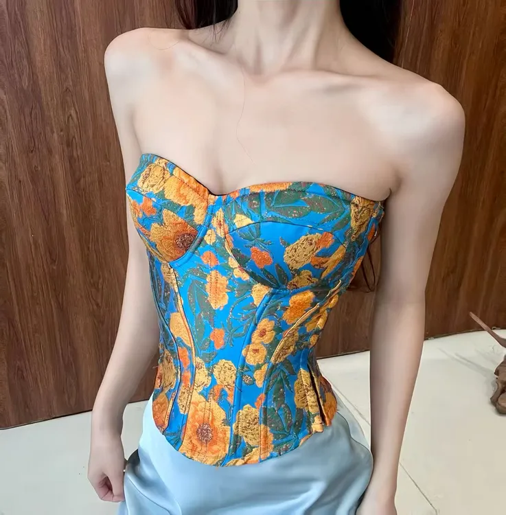 25801-（带胸垫）蓝色金金提花法式真鱼骨复古高级感抹胸