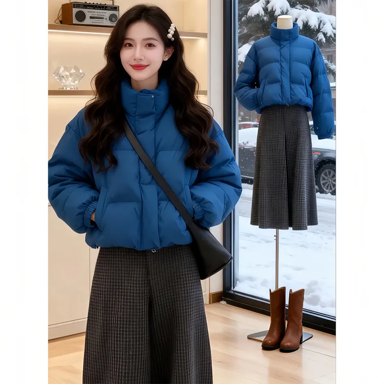 SHALLDOER【迈阿密漫游】蓝色立领棉服女2025冬季韩版加厚时髦外套