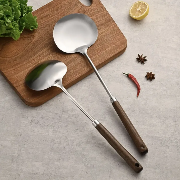 不锈钢复古实木蘑菇铲长柄炒菜勺厨房贵州炒勺汤勺家用厨具铲子