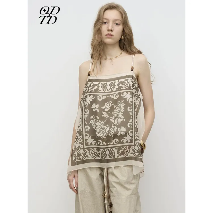 UCUT简刀 ODTD 春夏25新品平口艺术印花撞色串珠吊带衫18284