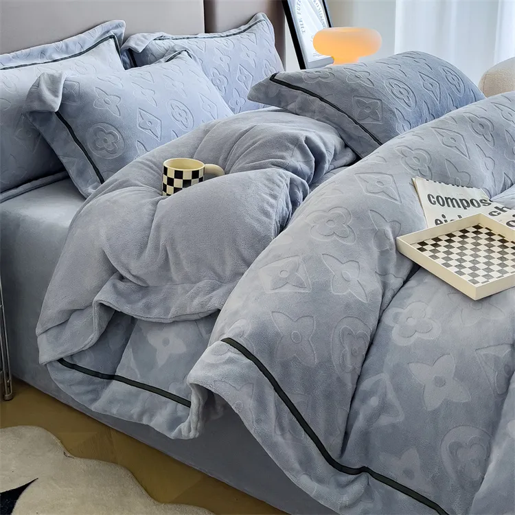 品牌专享加绒牛奶绒提花四件套轻奢风秋冬法兰绒被套网红款德芙绒