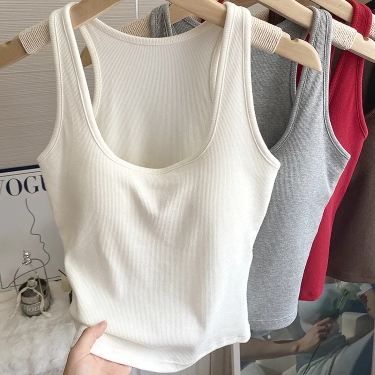带胸垫工字背心女内搭打底早秋美背吊带文胸一体固定杯外穿上衣棉