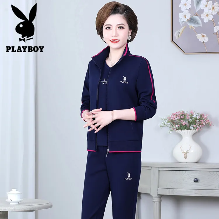 花花公子秋季新款女士三件套中老年气质休闲套装洋气妈妈运动服装