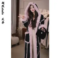 假两件中长款加厚连帽毛毛外套秋冬宽松显瘦大衣