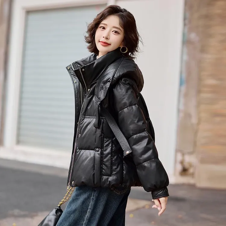 DUCURNO带帽皮面羽绒服女2025冬季新款时尚加厚保暖短款皮衣外套