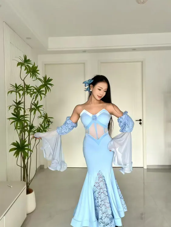 国标舞比赛表演长袖连衣裙露背修身摩登舞跳舞摩登舞新款舞蹈服