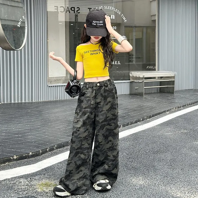 女童夏季迷彩工装裤套装2025新款大童女孩时髦网红大童女童夏装
