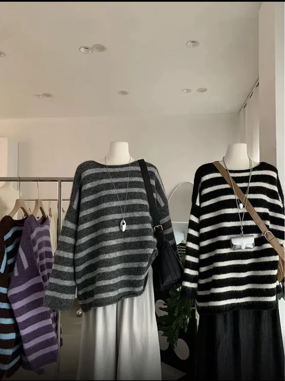 韩系大版撞色条纹一字领针织毛衣上衣宽松慵懒套头女秋冬条纹毛衣