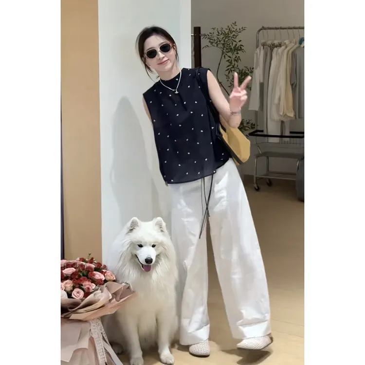 圆领雪纺衬衫女夏季爆款衬衣小衫法式镂空背心无袖上衣空气裤套装