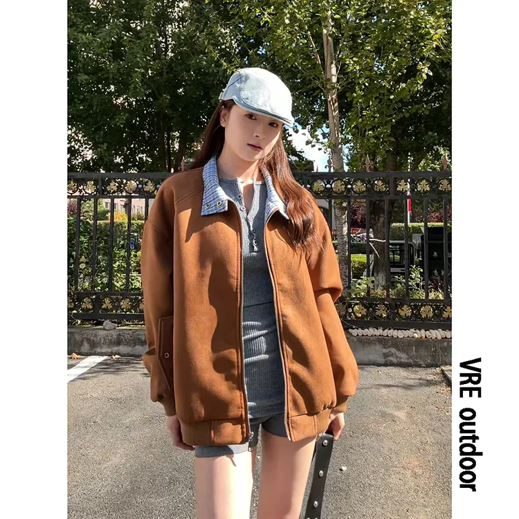 美式麂皮绒格子拼接翻领夹克男女秋季复古宽松棒球服情侣外套上衣