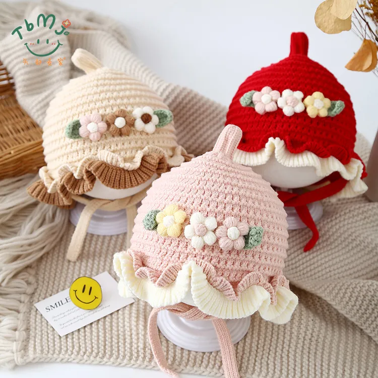 婴儿帽子秋冬季女宝宝洋气针织花朵毛线帽冬天女童保暖护耳公主帽