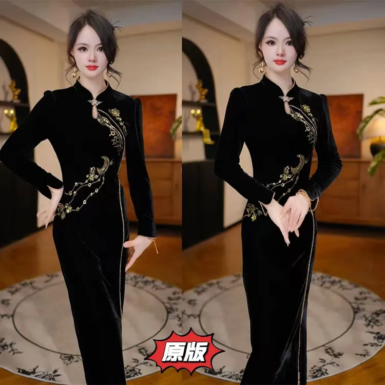 【晓月云裳】高档丝绒时尚旗袍连衣裙2025秋冬新款显瘦洋气轻奢裙子
