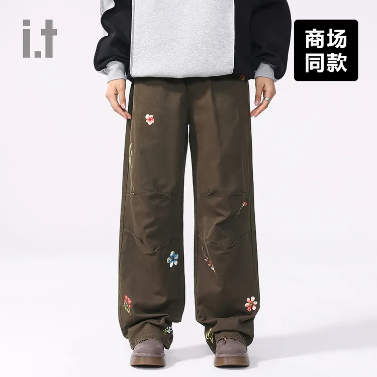 I.T潮牌CHOCOOLATE美式高街咖啡色休闲裤男女植物花卉褶线设计潮