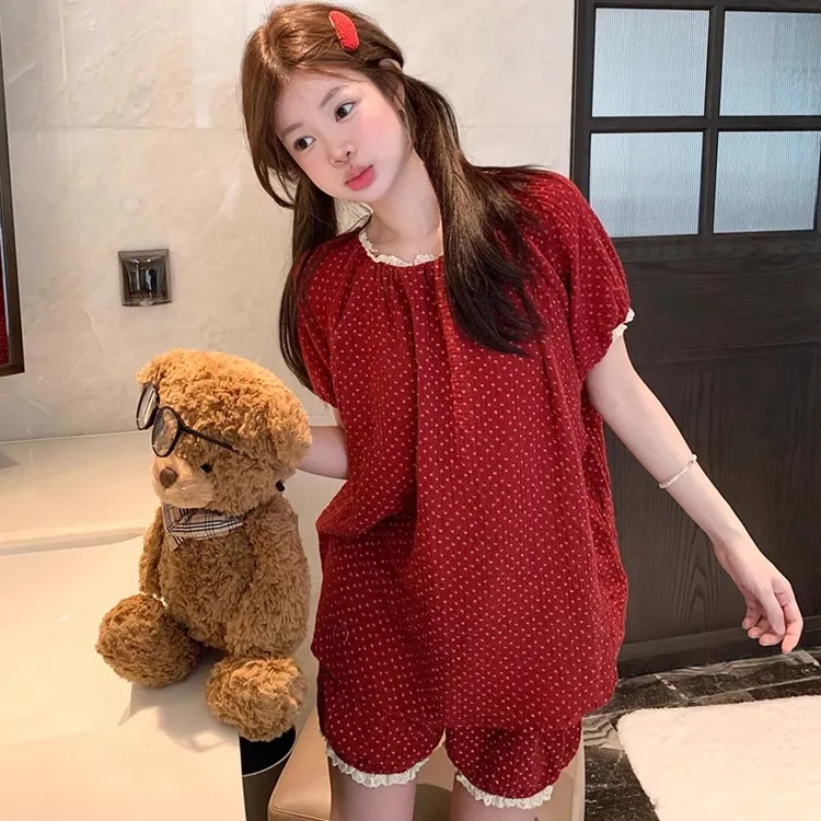 复古红色小碎花睡衣女夏季甜美蕾丝花边减龄少女风薄款短袖家居服