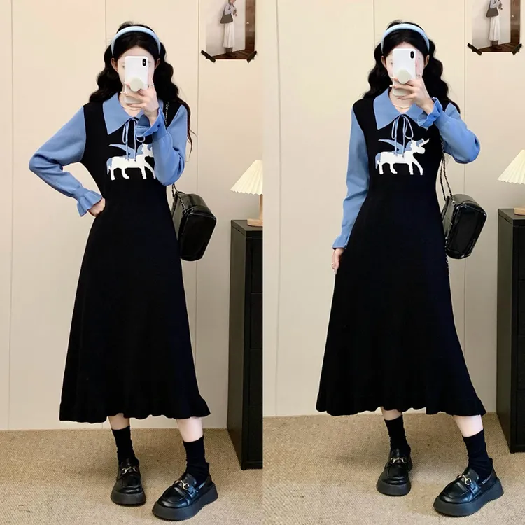 MO88ZSPF大码女装A字裙长袖假两件拼接连衣裙气质针织打底毛衣裙