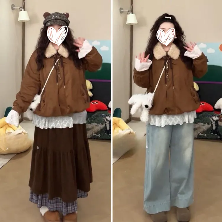 胖mm大码“日杂感叠穿”毛毛领vintage感花夹棉苞外套秋冬棉外套