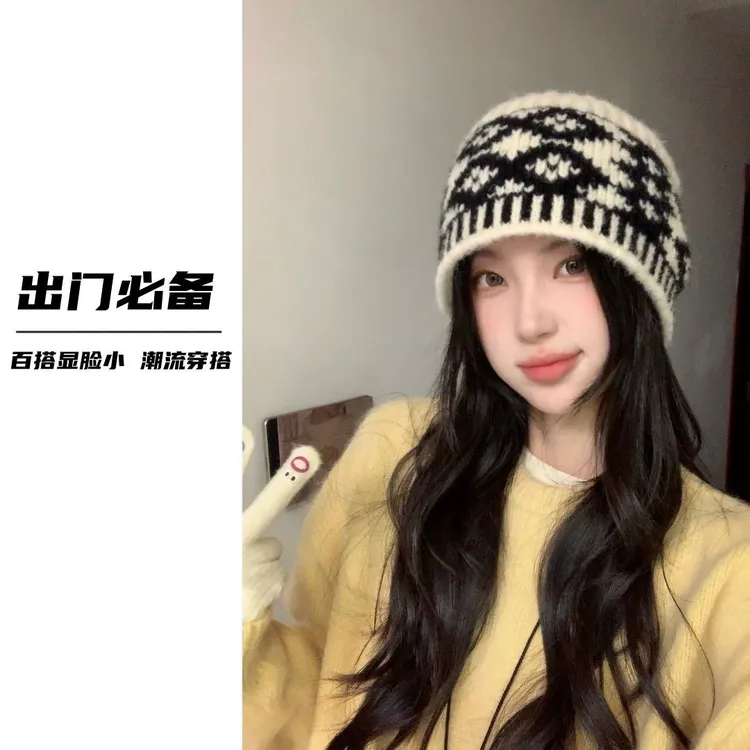 帽子女冬季时尚拼色韩国针织百搭保暖网红护耳秋冬冷帽毛线帽