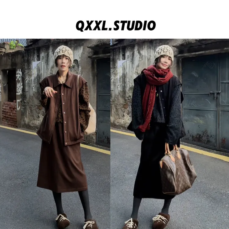 邱小小丽呀 秋冬新款麂皮绒夹棉套装女无袖翻领马甲+半身裙两件套