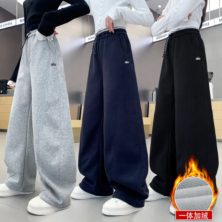 女童一体加绒加厚运动裤子秋冬季2025新款青少年中大童直筒阔腿裤