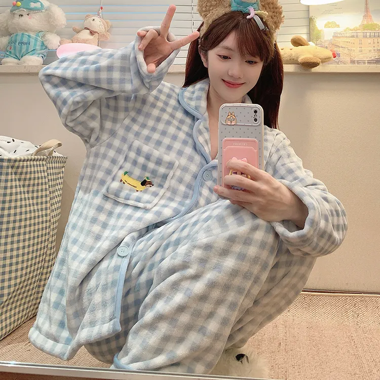 2025年秋冬季新款双面法兰绒甜美可爱睡衣女家居服春秋套装