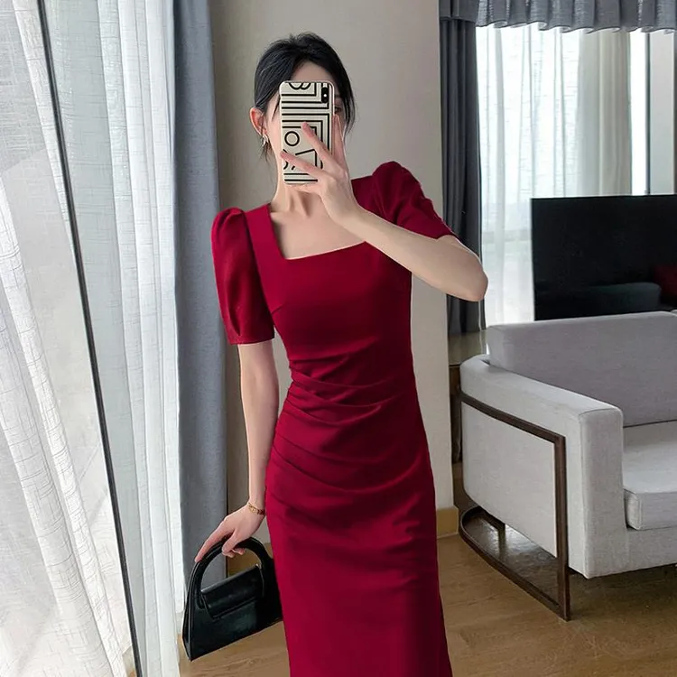 她他百伦红色连衣裙女夏2025新款法式气质回门敬酒服晚礼服修身显