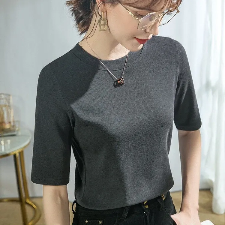 【2万人】2025新款韩版夏季五分袖中袖纯棉T恤女百搭显瘦修身圆领