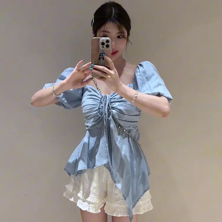 大码法式泡泡袖衬衫女夏季新款短袖收腰衬衣胖MM遮肉显瘦短款上衣