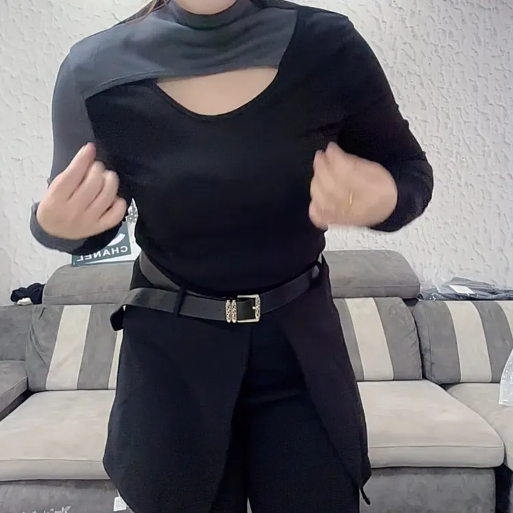 依依家大码女装半高领镂空弹力螺纹长袖T恤两穿阔腿裤有屁帘遮屁