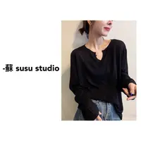 MM早秋2025新款简约纯色剪口V领宽松休闲薄款长袖T恤女068