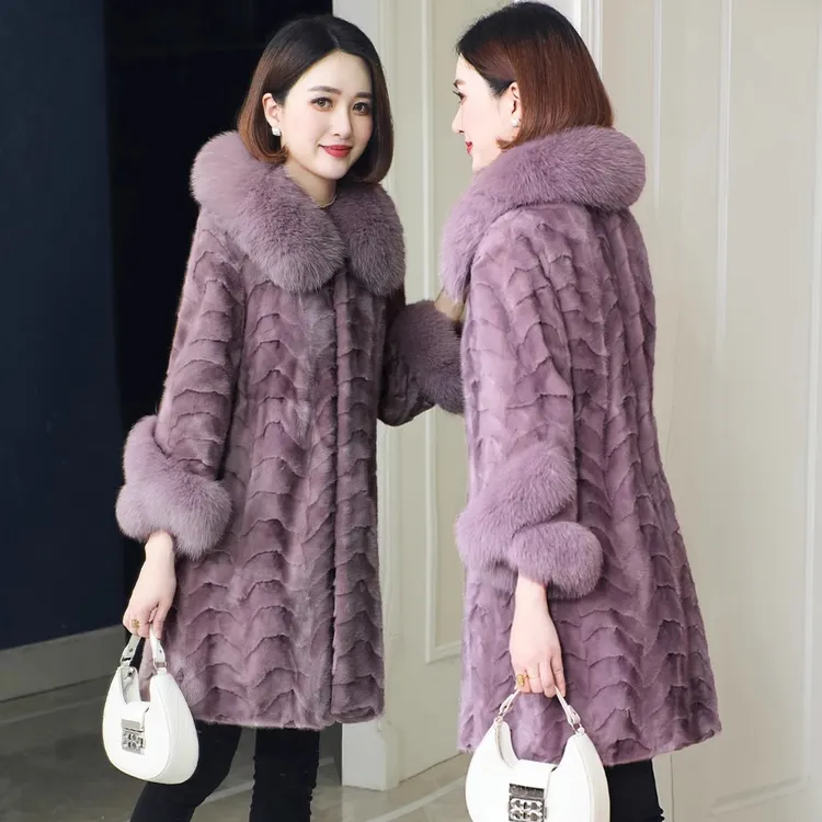 海宁冬季新款百搭水貂皮草中长款狐狸毛领貂皮大衣女修身时尚外套