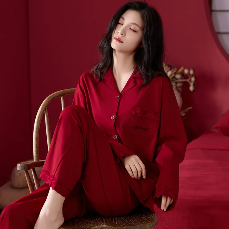 红色本命年睡衣女长袖纯棉春秋季蕾丝开衫舒适马年家居服新年套装