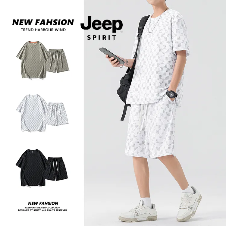 JEEPSPIRIT吉普夏季男士情侣百搭新款短袖套装休闲运动时尚薄款