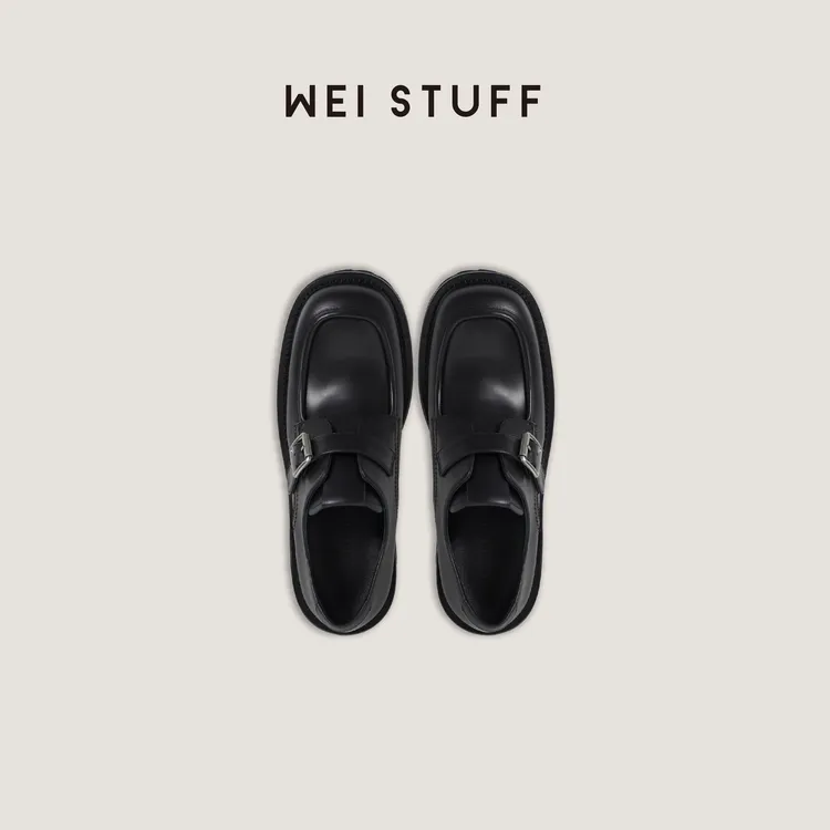 WEI STUFF “气垫鞋”黑色丝绸牛皮时尚高跟皮扣乐福休闲鞋 8253