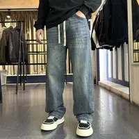 KP-X经典水洗复古蓝牛秋冬潮流百搭松紧腰宽松男弹力直筒软牛仔裤