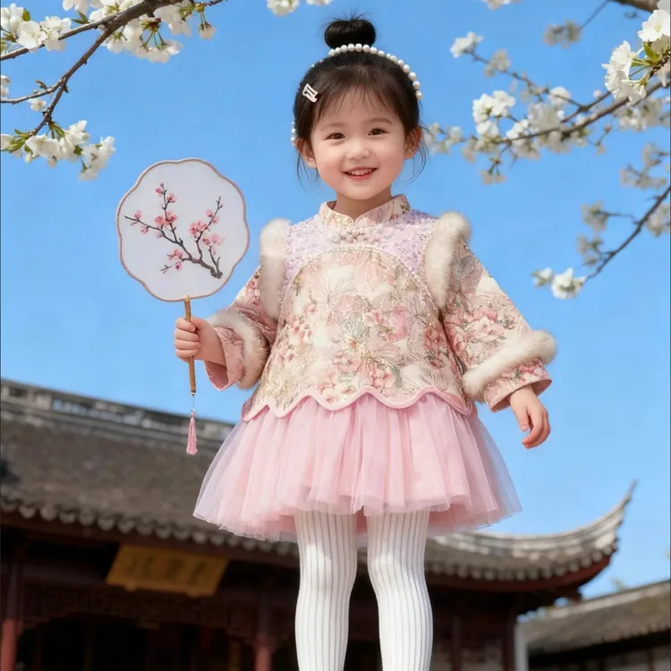 冬季加绒女童公主风中国风连衣裙唐装女宝裙子公主裙年服
