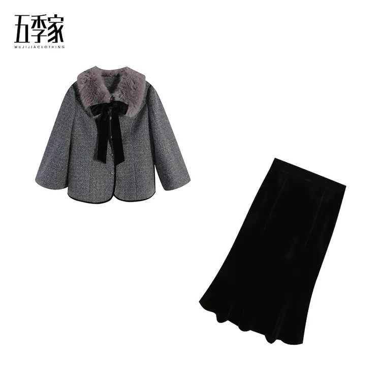 五季家大码显瘦灰拼黑外套ZL115186+黑色丝绒鱼尾裙ZL113889套装