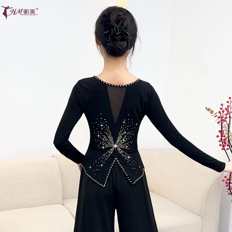 新款现代舞练功服圆领贴钻后背不规则成人女中袖中国古典形体舞服
