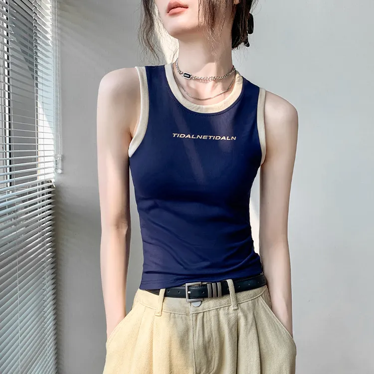 美式拼色圆领背心女2025夏外穿修身别致辣妹印花衬衫内搭无袖上衣