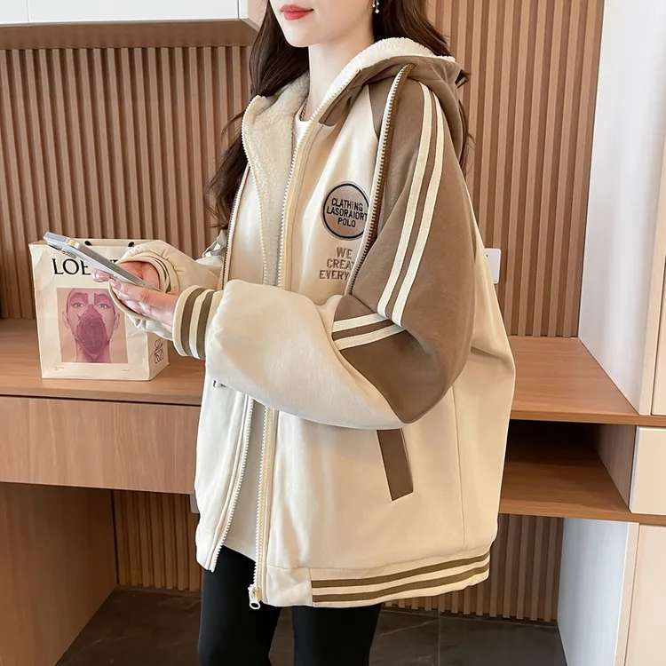 加绒加厚棒球服女冬季棉服初高中学生宽松休闲大码连帽卫衣外套潮