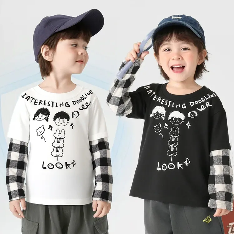 童装男童长袖t恤秋季时尚韩系宝宝假两件上衣儿童秋装潮格子撞色
